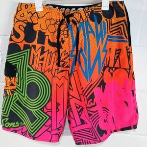 Maui and Sons Men's XL Swim Board Trunk Swim Shorts Pocket Bright‎ Neon Graphic